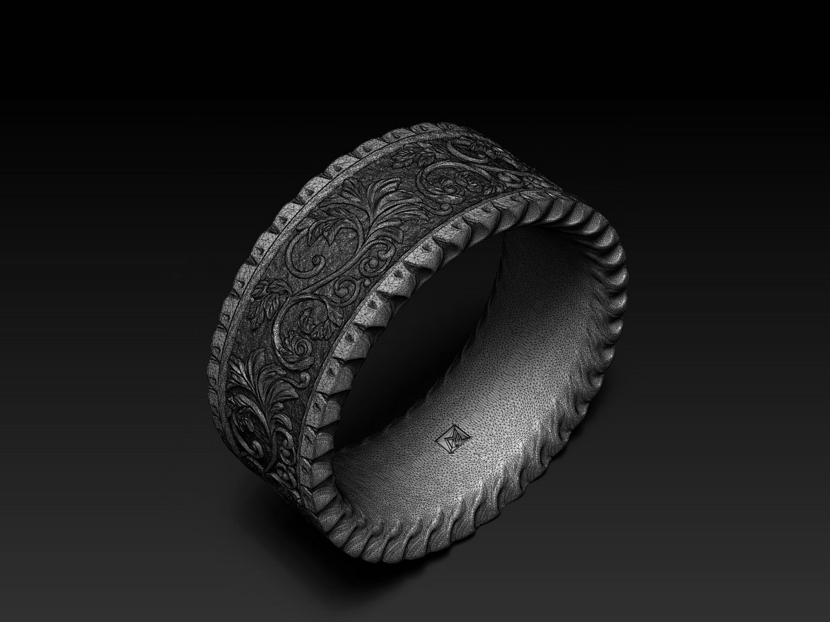 Wireframe view of the Floral Ring showing its polygonal mesh, detailed floral relief, and sculptural border
